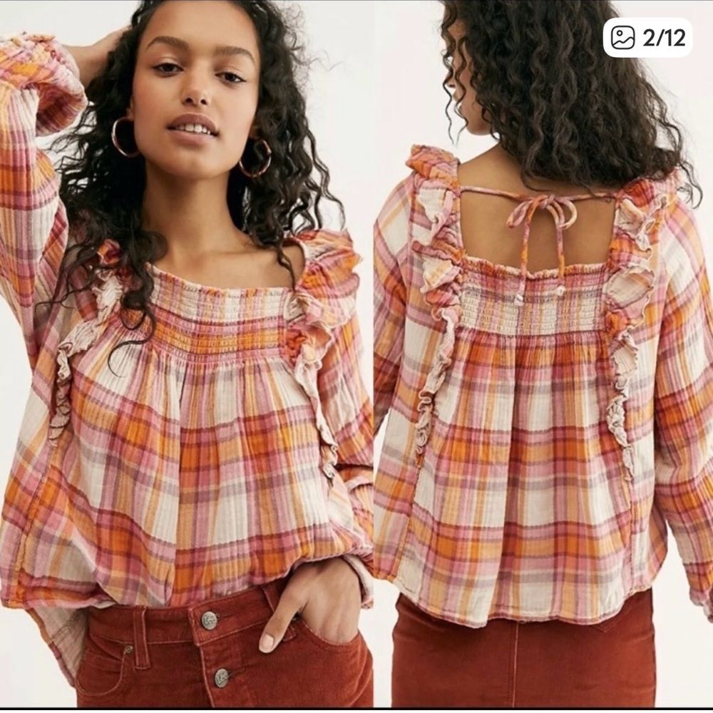 We The Free Multicolor Plaid Ruffle Blouse